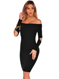 Club sexy robe Bodycon noir féminin épaule découpe robe manches longues