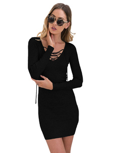 Chandail noir robe V cou manches longues dentelle robe Bodycon tricot