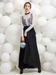 Dentelle robe Maxi noire tour de cou à manches longues robe longue plissée pour femmes