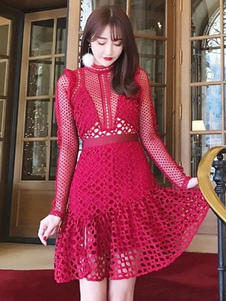 Dentelle sexy robe rouge Stand col manches longues volant creux Skater robe pour femmes