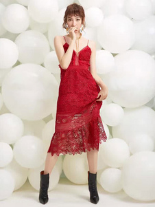 Bretelles Spaghetti robe dentelle rouge V cou sans manches semi Sheer longue robe