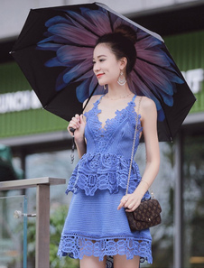 Robe de dentelle bleue Sexy Spaghetti sangles V cou Peplum sans manches robe courte