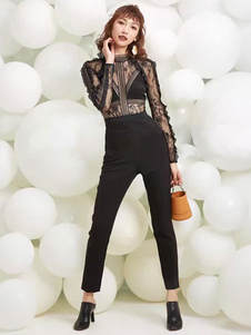 Dentelle noire Jumpsuit Semi manches longues pure jambe maigre barboteuses pour femmes