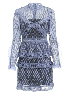Robe en dentelle bleu clair en couches volants manches longues bijou cou parti Bodycon Dress