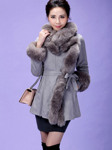 Fourrure gris manteau daim col 3/4 longueur manches lacez vers le haut de manteau d’hiver