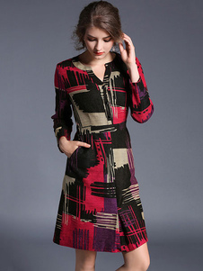 Ture rouge robe Bodycon imprimé 3/4 manches entaillé genou longueur Slim Fit robe