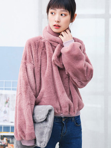 Manteau fausse fourrure rose col haut manches longues manteau court femmes avec écharpe