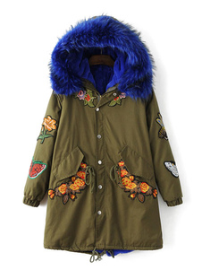 Parka femme manteau bleu fausse fourrure manches longues à capuchon Floral brodé manteau d’hiver