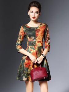 Skater impression floral robe manches 3/4 bijou cou Flare