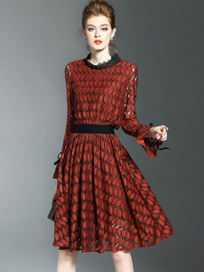 Dentelle rouge foncé robe feuille cintrée modèle évasé manches Stand Collar robe plissée