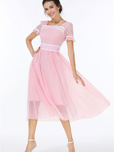 Robe en mousseline de soie Vintage Rose Skater robe Polka Dot Short Sleeve Square