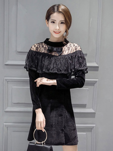 Volants de dentelle noire robe 3/4 manches courtes robe