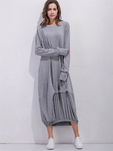Robe Maxi col rond gris clair manches longues femmes plissé robe longue coton