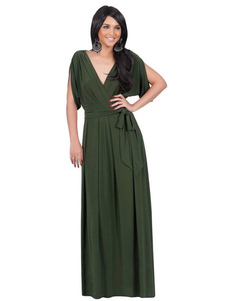 Plissée à manches courtes longue robe col V Maxi robe féminine avec ceinture