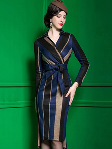 Bodycon noir robe rayée manches longues mi-longues ceinturée robe Tweed pour les femmes