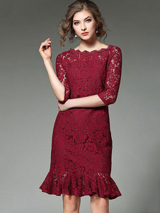 L’ourlet volant d’Half Sleeve encolure Bateau Bourgogne dentelle robe Slim Fit Bodycon Dress