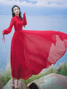 Robe longue en mousseline de soie rouge Stand collier ballon manches volants robe Maxi pour les femm