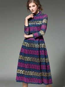 Skater Purple thé longueur Stand col 3/4 manches dentelle robe