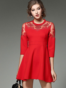 Skater rouge robe bijou cou manches 3/4 Chic Flare robe