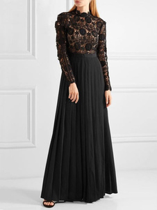 Dentelle noire robe longue robe féminine manches longues Stand collier Summer robe plissée