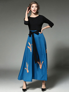 Robe Maxi bleu imprimé deux ton manches longues bijou cou robe longue