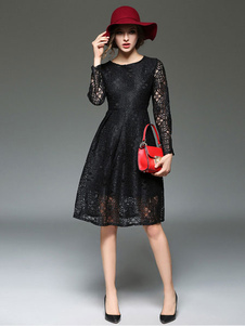 Dentelle noire robe manches longues cintrée bijou cou genou longueur robe de Flare