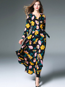 Fleurs Maxi robe à fleurs manches longues jaune V cou féminin imprimées robe longue avec ceinture