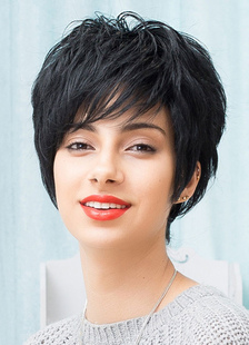 Perruques courtes noir cheveux humains couches côté balayé perruque Bangs féminines