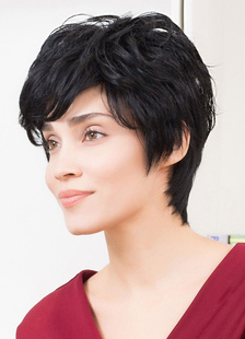 Perruques de cheveux humains court noir ébouriffés perruques de cheveux humains féminines Capless av