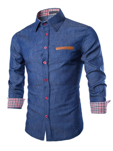 Chemises bleues manches longues manchette Plaid hommes Slim Fit chemises sport