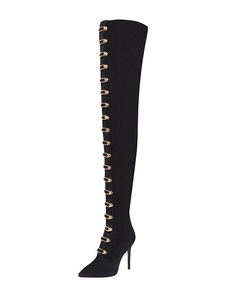 Bottes noires daim talons hauts Thigh High Boots a souligné Toe Stiletto sur les bottes de genou ave