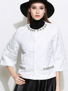 Blouse blanche courte cristal bijou cou 3/4 longueur manches Casual hiver manteaux pour femmes