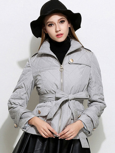 Gris matelassé col Turndown fermeture éclair féminin manteau haut court manteau ceinturée avec poche
