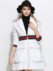 Manteau d’hiver col Turndown poches des femmes couleur bloc mi-longs Zipper en blouse blanche