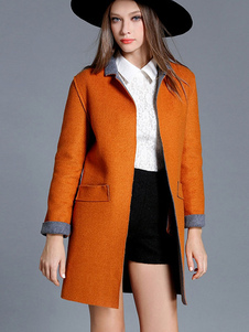 Manteau d’hiver laine Blend Color Block mi-longs Orange des femmes Outwear avec poches de contraste
