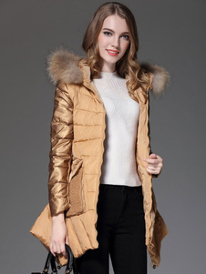 Capuche Down or fausse fourrure irrégulière matelassé Puffer manteau manteau féminin pour l’hiver