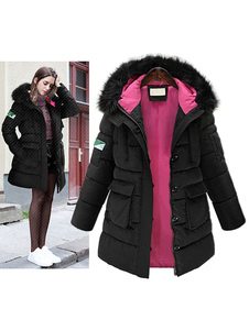 Manteau d’hiver noir matelassé fausse fourrure Hooded Slim Fit rembourré Puffer manteau femme