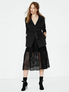 Manches longues moyennes Wrap ceinturé veston de la laine manteau femme noir