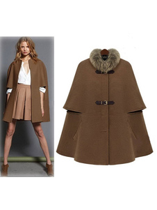 Poncho manteau laine Blend fausse fourrure boucle des femmes vers le haut plissé manteau Oversize