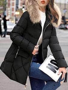 Manteau noir matelassé fourrure capuche matelassée Oversize Puffer manteau femme pour l’hiver