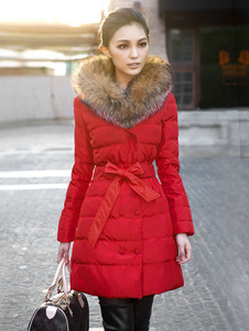Manteau d’hiver rouge fausse fourrure capuche Double Breasted Puffer manteau matelassé femmes avec r