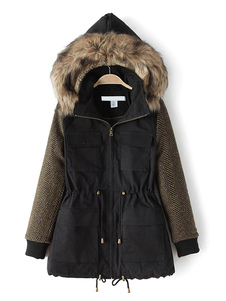 Hiver noir manteau fausse fourrure capuche Drawstring gilet femmes de pêche à la palangre