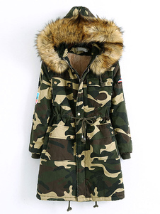 Poche de fausse fourrure manteau à capuchon Camo épaissir manteau d’hiver pour femmes