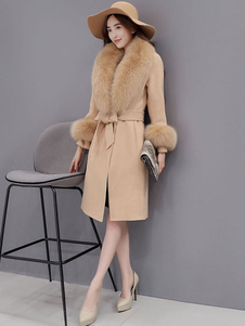 Manteau genou longueur fausse fourrure col ceinturé manteau de laine des femmes du bronzage léger