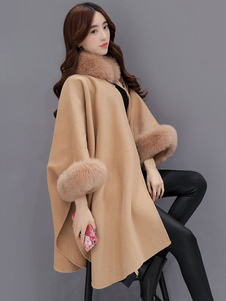 Plus Size Poncho manteau fausse fourrure col laine Blend manteau féminin d’hiver du bronzage léger