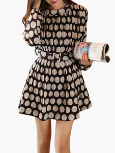 Robe skater en lin de coton noir à pois plissé