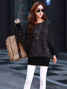 Robe pull sexy noire avec tricot col rond manches chauve-souris