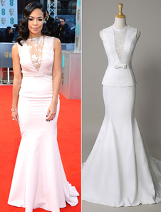 Sarah Jane Crawford BAFTA Illusion retour profonde v-cou Peplum Mermaid Dress avec boutons sur l'épa