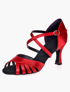 Chaussures danse latine en satin à talons évasés ruban aux chevilles