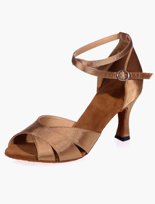 Chaussures danse latine en satin à talons évasés ruban aux chevilles peep-toe